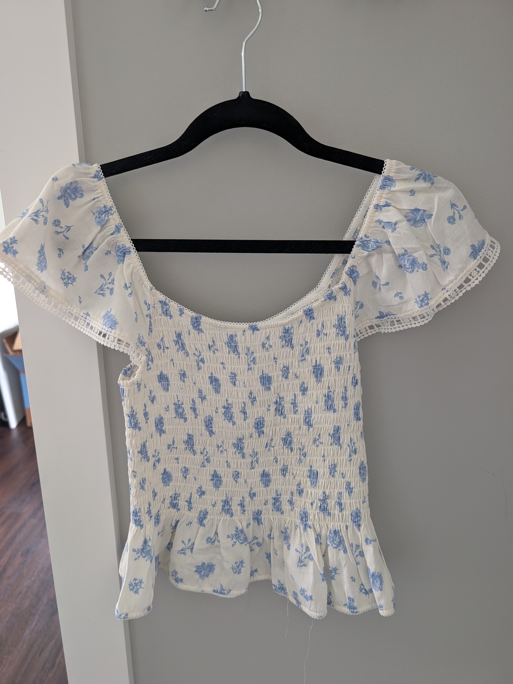 Smocked Off-Shoulder Floral Peplum Top - White with Blue Print